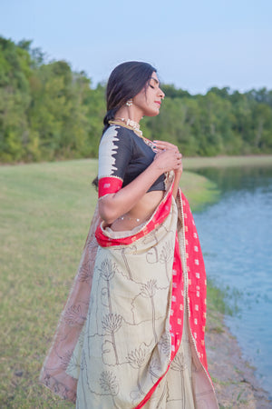 Handpainted Bangalore Silk Saree with Red Elephant Border – USA