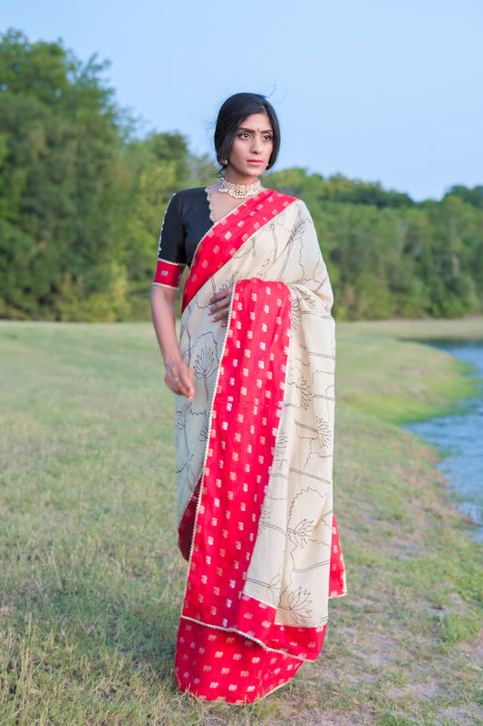 Lalika - Luxurious Handpainted Bangalore Silk Saree with Red Raw Silk Elephant Design Border