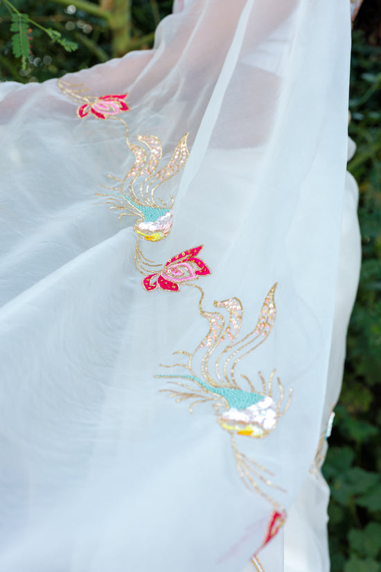 Matsya — Hand-Embroidered Organza Saree with Pitta Work, Fish & Lotus Motifs