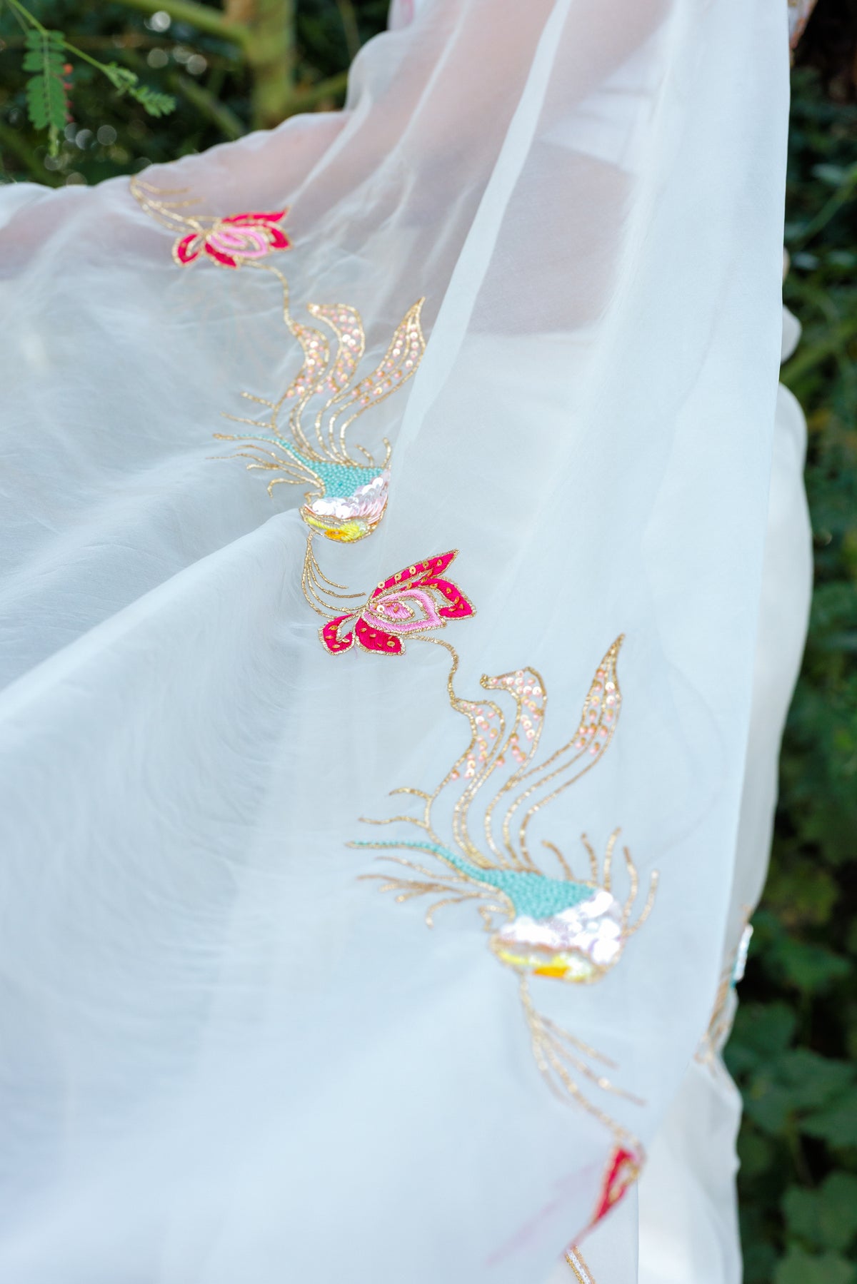 Matsya — Hand-Embroidered Organza Saree with Pitta Work, Fish & Lotus Motifs