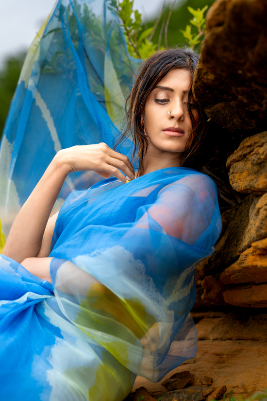 model wearing hand designed original abstract flower pattern organza saree outdoors
