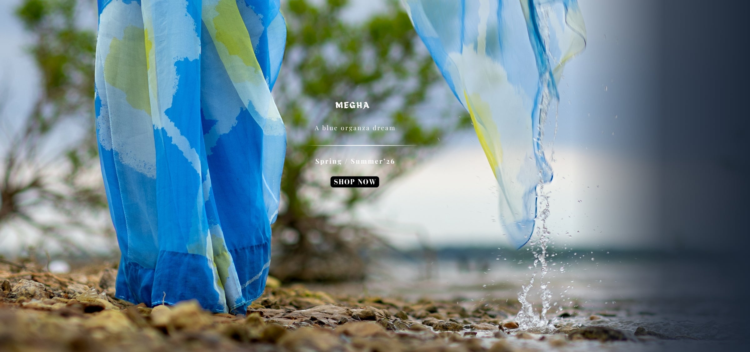 Woman draped in blue organza saree by Luxury Indian label in USA