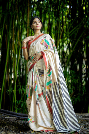 Hand-painted by Sri kalahasti kalamkari artisans, buy luxury designer saree by Ojasi design studio dallas