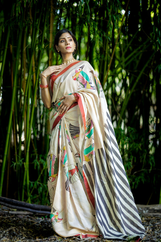 Hand-painted by Sri kalahasti kalamkari artisans, buy luxury designer saree by Ojasi design studio dallas