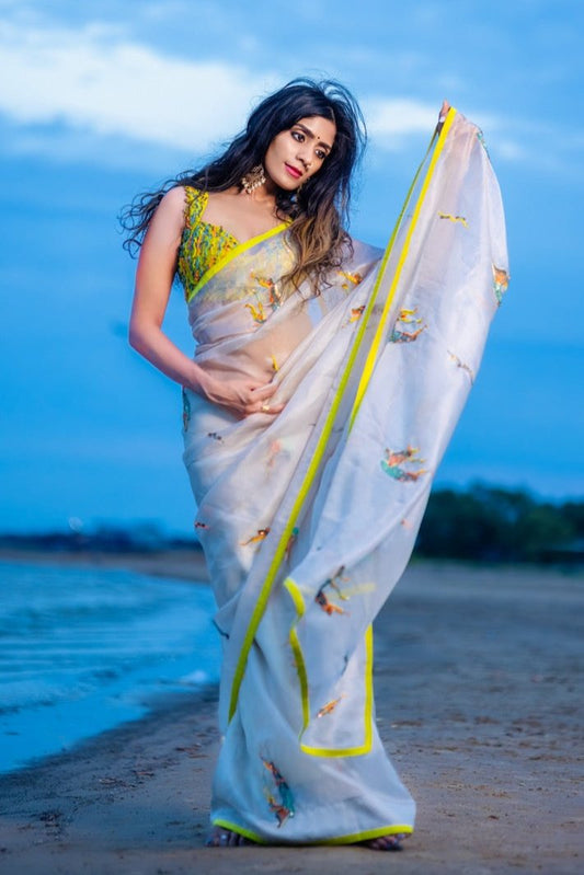 Nyra hand-embroidered organza saree online in the USA