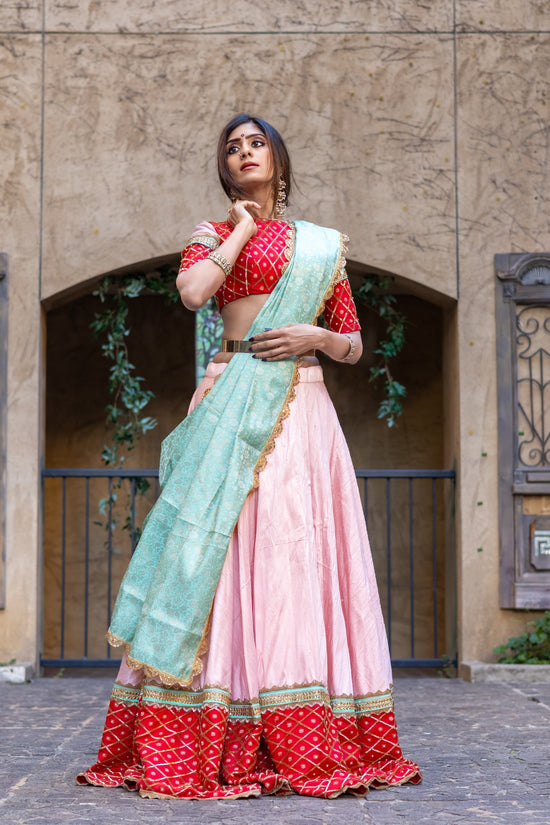 Pastel Pink Raw Silk Lehenga with Red Pattu Border – Buy in USA