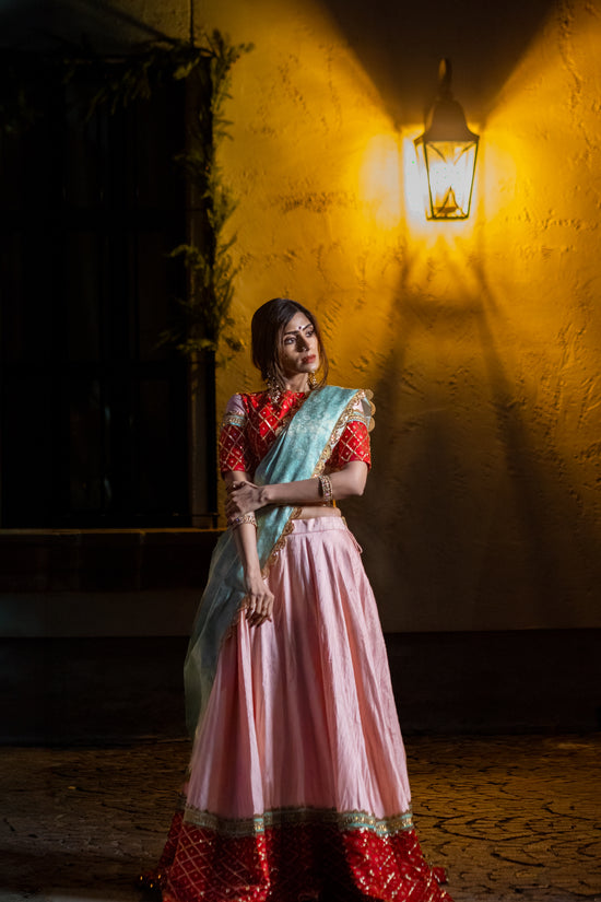 Pastel Pink Raw Silk Lehenga with Red Pattu Border – Buy in USA