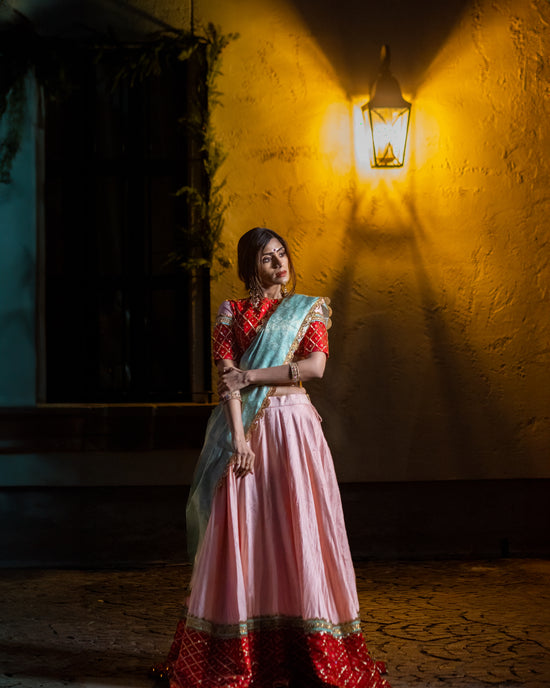 Pastel Pink Raw Silk Lehenga with Red Pattu Border – Buy in USA