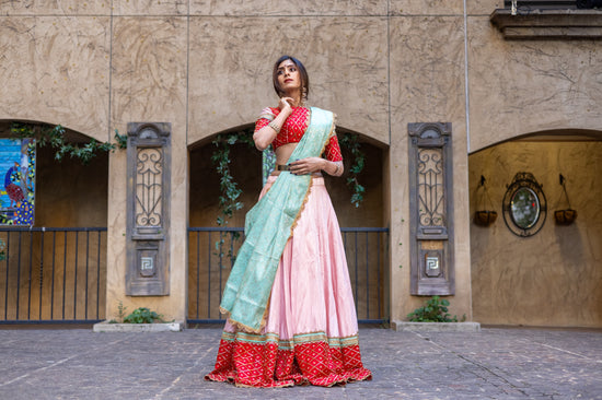 Pastel Pink Raw Silk Lehenga with Red Pattu Border – Buy in USA