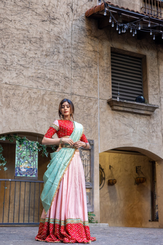 Pastel Pink Raw Silk Lehenga with Red Pattu Border – Buy in USA