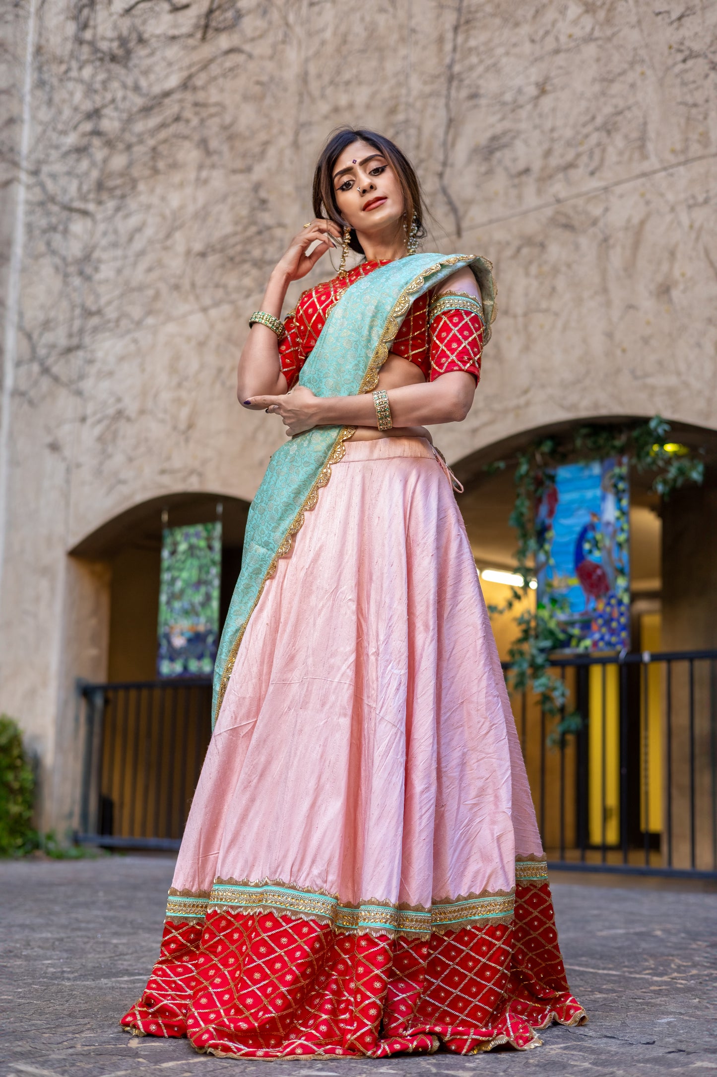 Pari: Pastel Pink Raw Silk Lehenga with Red Pattu Silk Border