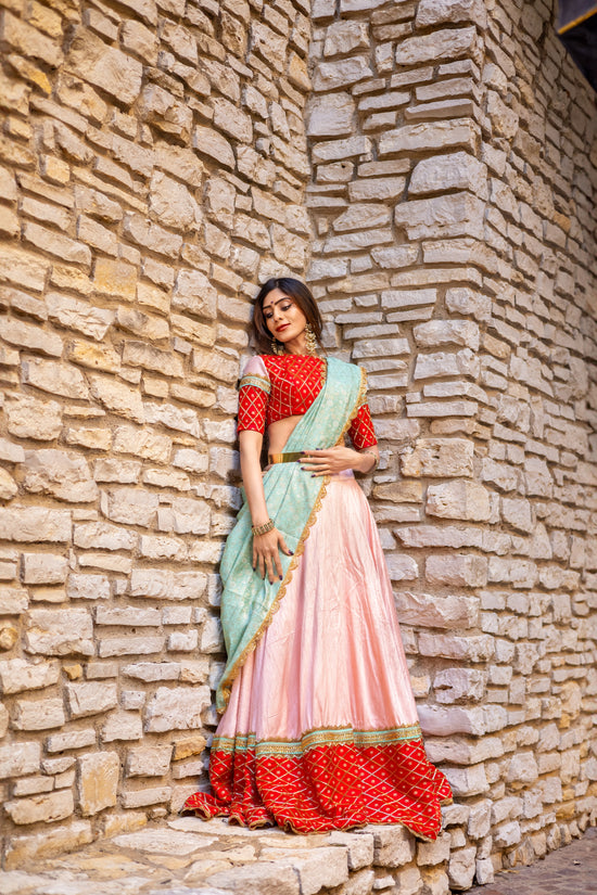 Pastel Pink Raw Silk Lehenga choli with Red Pattu Border – Buy in USA