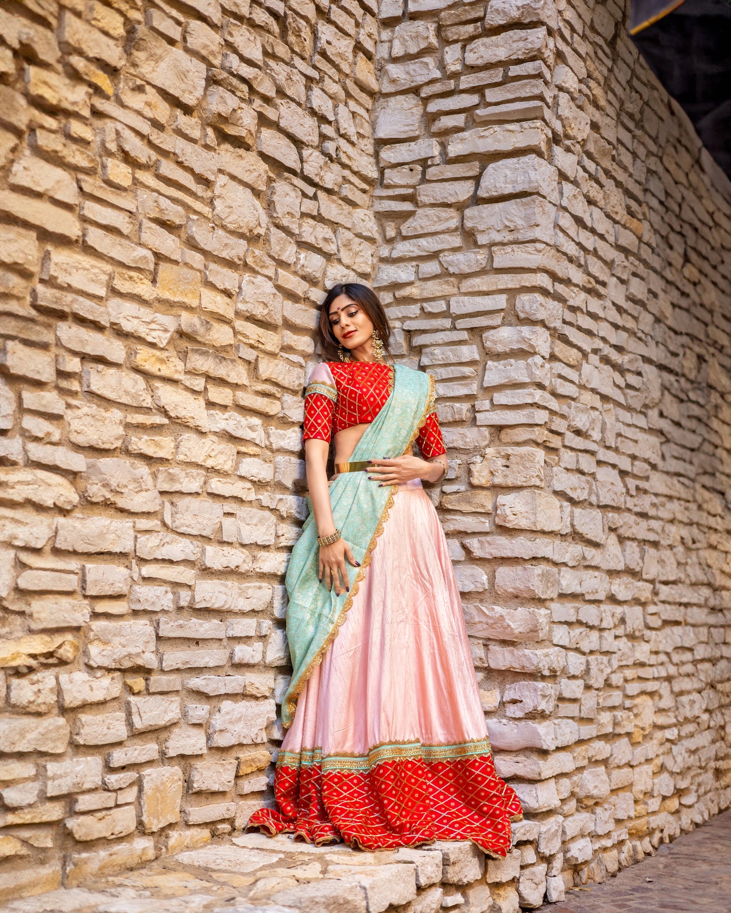 Pari: Pastel Pink Raw Silk Lehenga with Red Pattu Silk Border