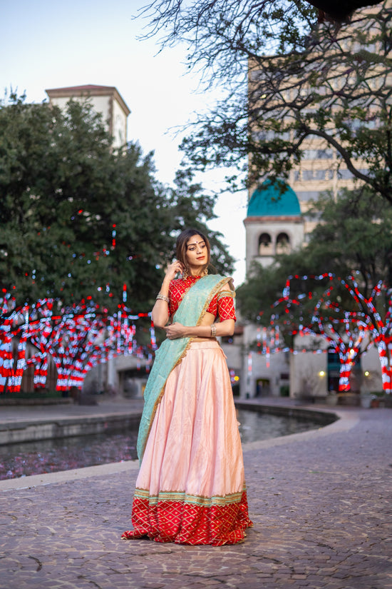 Pastel Pink Raw Silk Lehenga with Red Pattu Border – Buy in USA