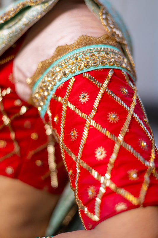 Pastel Pink Raw Silk Lehenga with Red Pattu Border – Buy in USA
