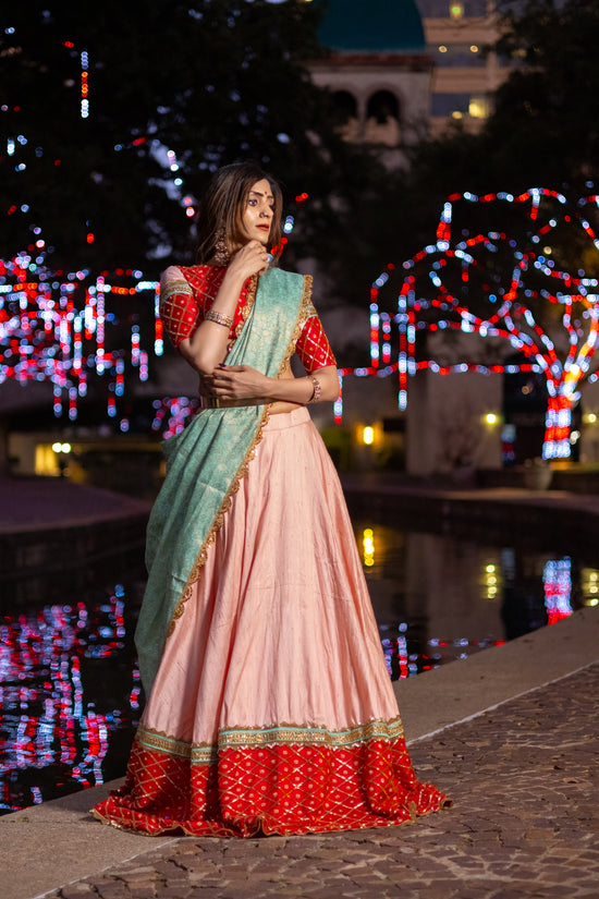 Pastel Pink Raw Silk Lehenga with Red Pattu Border – Buy in USA