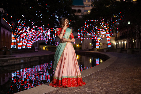 Pastel Pink Raw Silk Lehenga with Red Pattu Border – Buy in USA