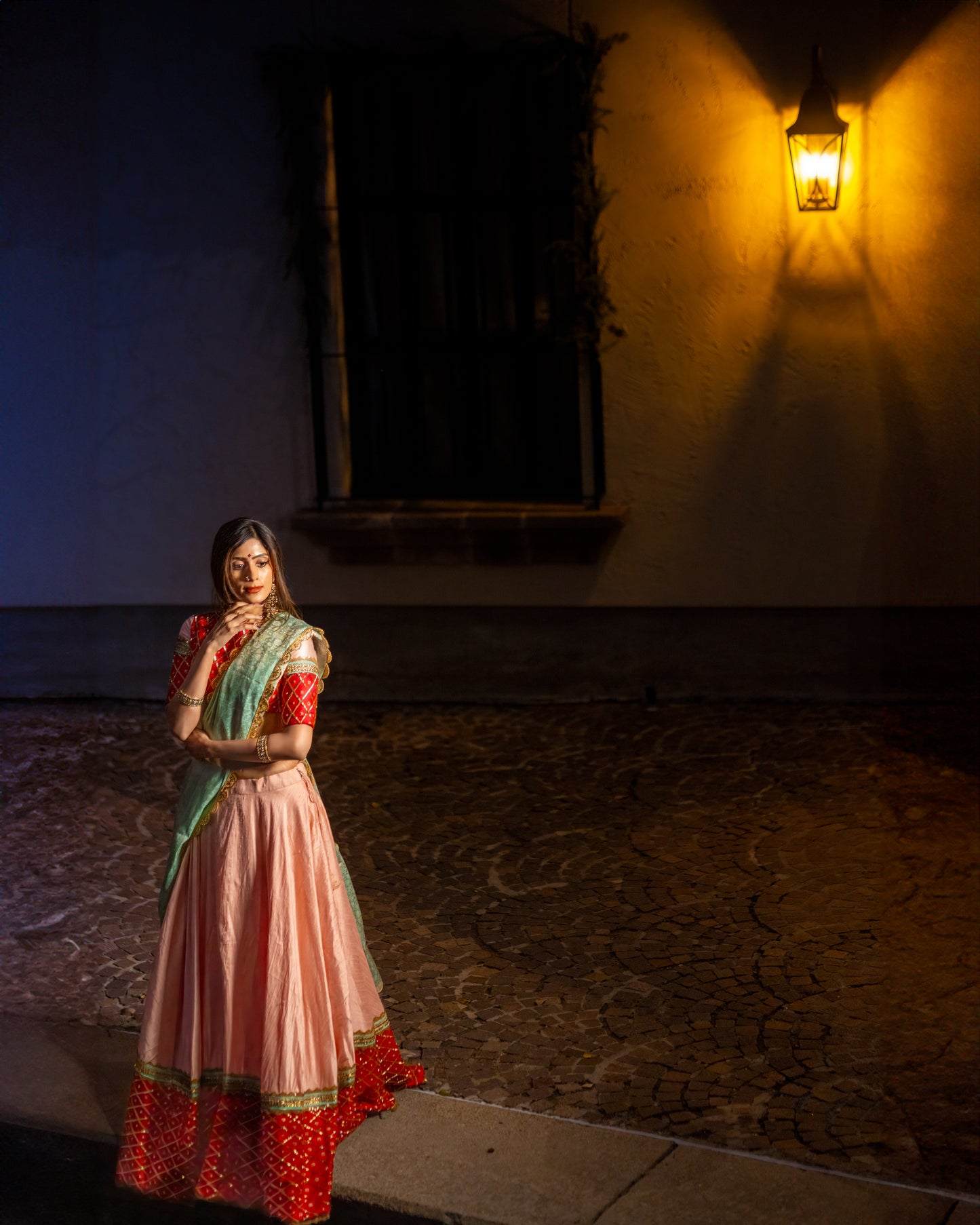 Pari: Pastel Pink Raw Silk Lehenga with Red Pattu Silk Border