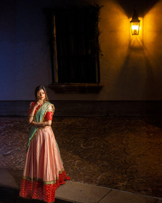Pastel Pink Raw Silk Lehenga with Red Pattu Border – Buy in USA