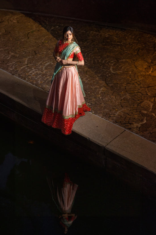 Pastel Pink Raw Silk Lehenga with Red Pattu Border – Buy in USA