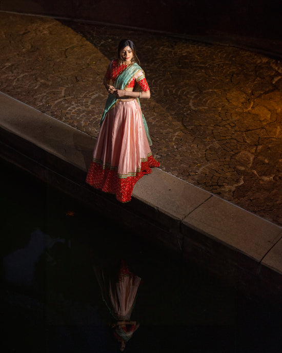 Pastel Pink Raw Silk Lehenga with Red Pattu Border – Buy in USA