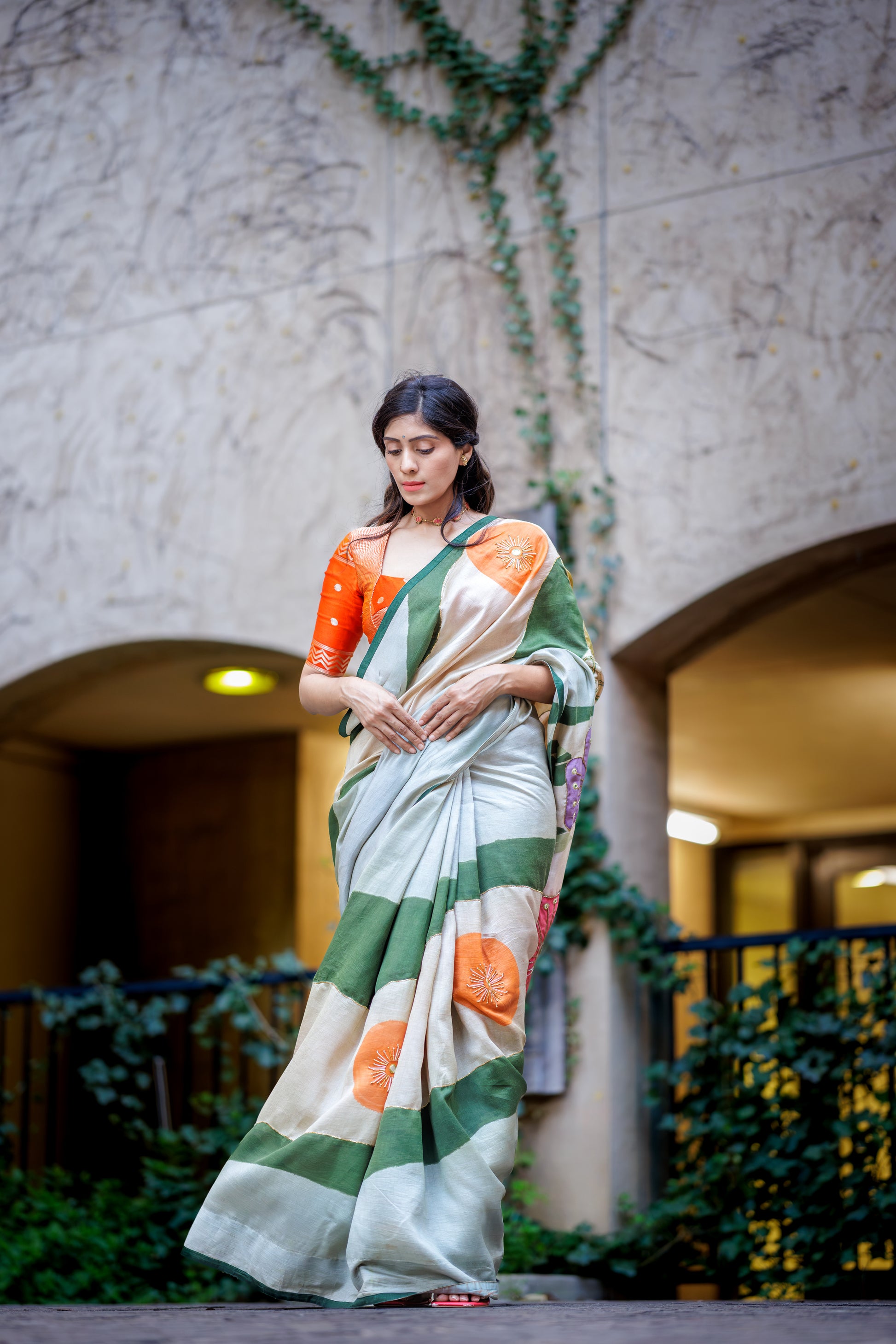 model wearing chanderi raw silk saree handpainted by kalamkari artisans and shipped to USA