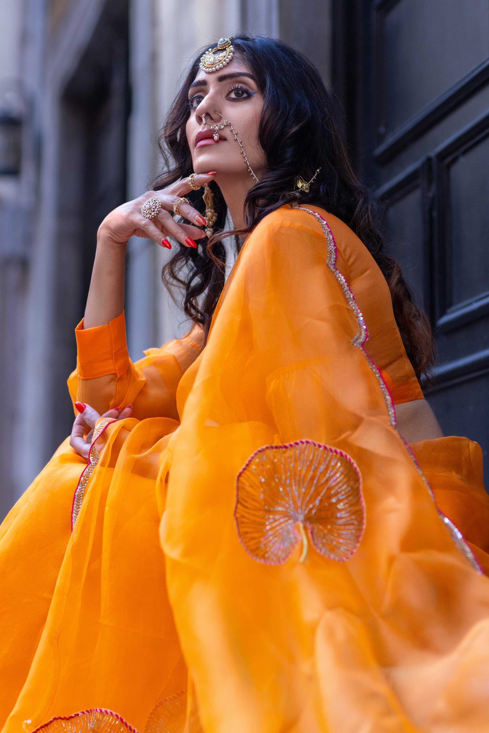 Tamara – Sunkissed Orange Pure Organza Silk Saree with Hand-Embroidered Lotus Leaves & Sequin Pallu
