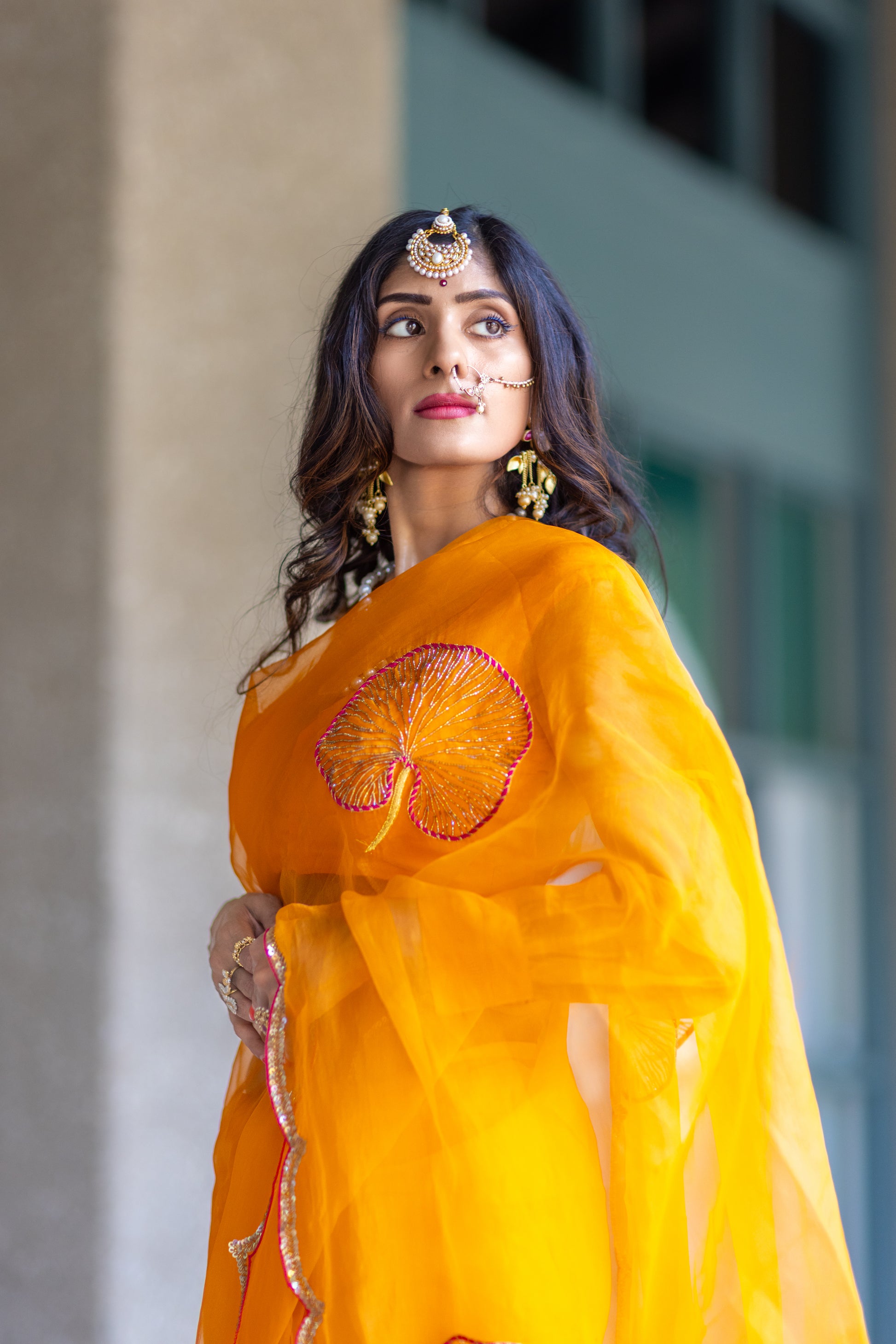 Tamara – Sunkissed Orange Pure Organza Silk Saree with Hand-Embroidered Lotus Leaves & Sequin Pallu