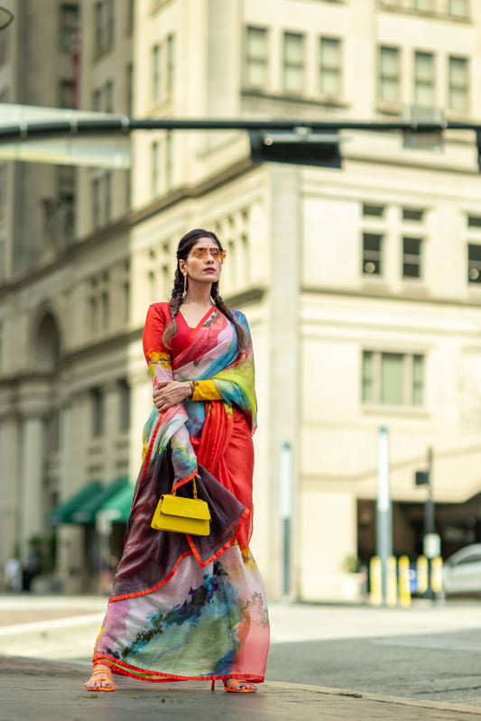 Ulka abstract digital print saree in silk – buy online in USA