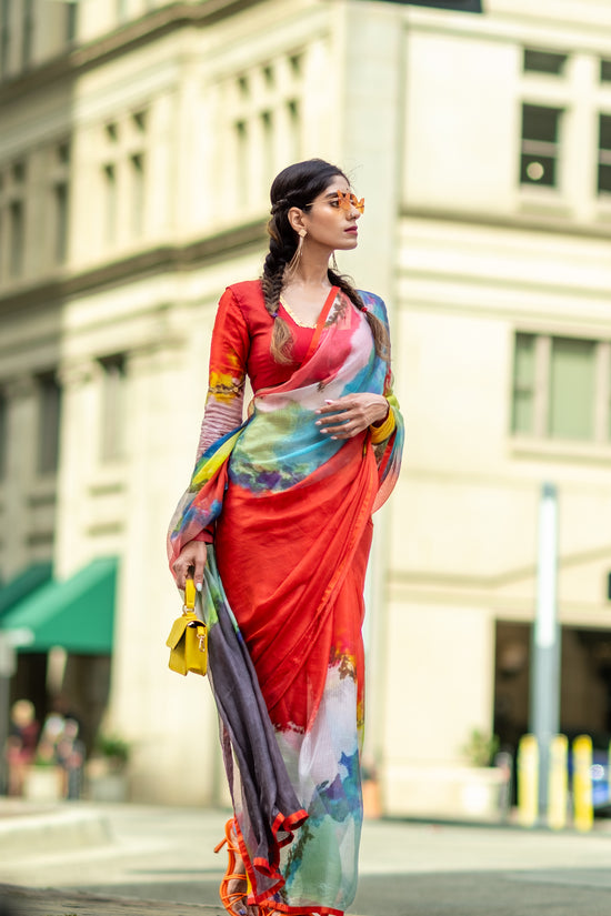 Ulka abstract digital print saree in silk – buy online in USA