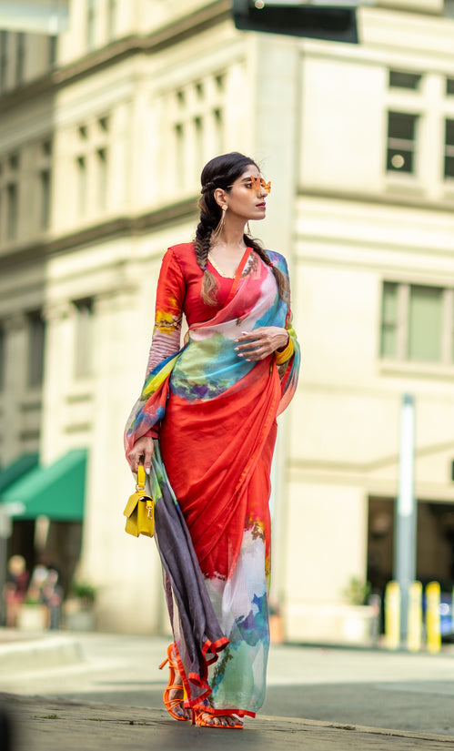 Ulka abstract digital print saree in silk – buy online in USA