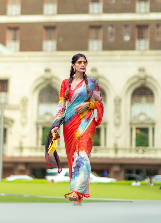 Ulka abstract digital print saree in silk – buy online in USA