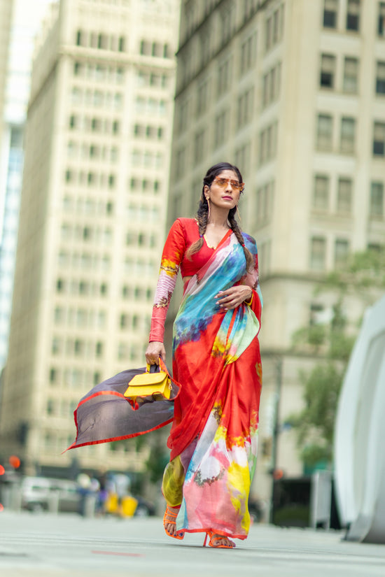 Ulka abstract digital print saree in silk – buy online in USA