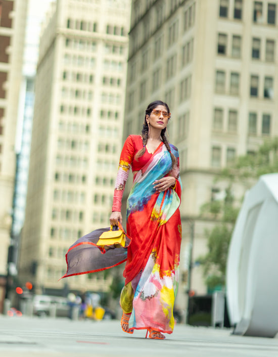 Ulka abstract digital print saree in silk – buy online in USA