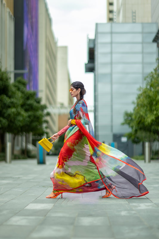 Ulka abstract digital print saree in silk – buy online in USA