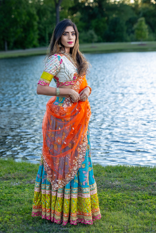 Handpainted Blue Kalamkari Lehenga – Buy Online in USA