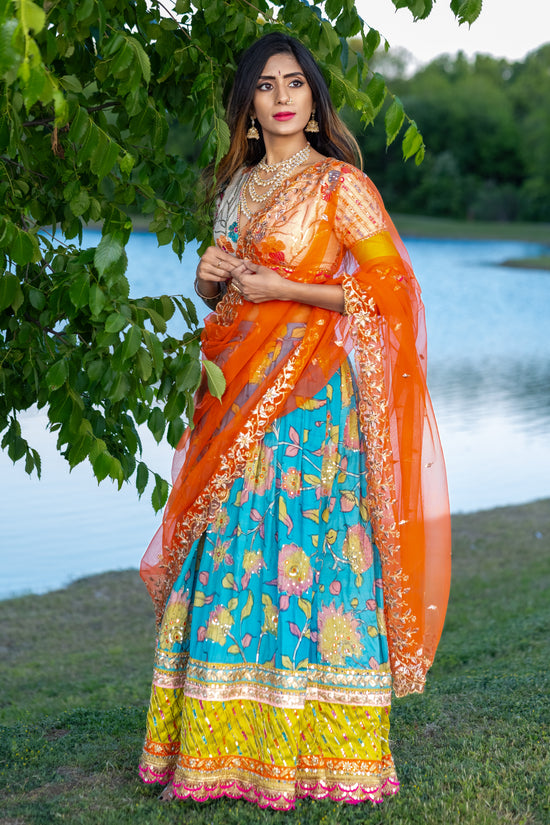 Handpainted Blue Kalamkari Lehenga – Buy Online in USA