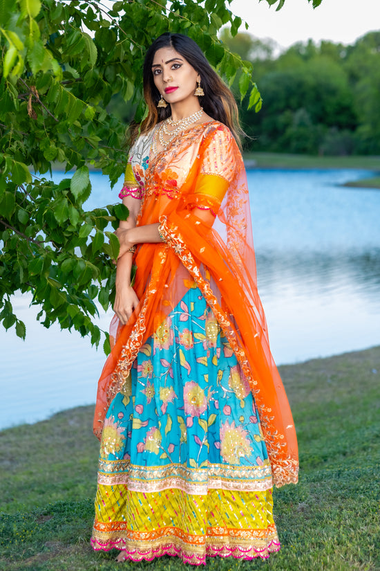 Handpainted Blue Kalamkari Lehenga – Buy Online in USA