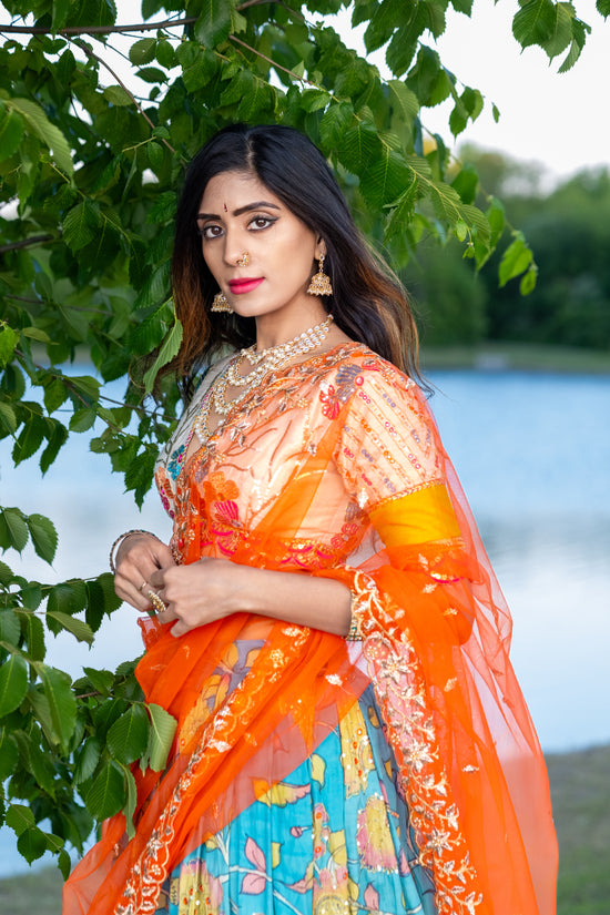 Handpainted Blue Kalamkari Lehenga – Buy Online in USA
