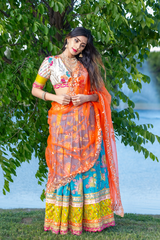 Handpainted Blue Kalamkari Lehenga – Buy Online in USA