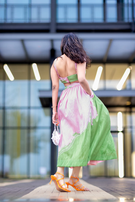 Wild petal raw silk abstract midi skirt in pink and green, designer wearable art skirt with A-line silhouette
